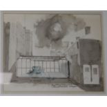 Leonard Manassch, ink and watercolour, Royal Mews Windsor, Coach Museum 22 x 28cm