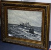 R. Verdagel, oil on canvas, sinking of a merchant ship by a U boat, signed, 40 x 50cm