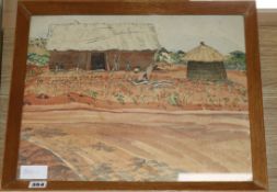 English School, watercolour, view of an African village, monogrammed 34 x 44cm