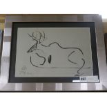 Attributed to Joseph Beuys, gouache, study of a stag bears signature. This an ink drawing, signed,