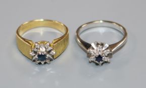 Two recent 18ct gold, sapphire and diamond cluster dress rings, one set in white gold.