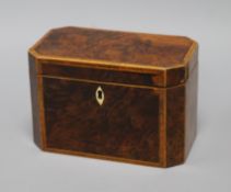 A George III tulipwood banded burr elm tea caddy length 19cm (a.f.)