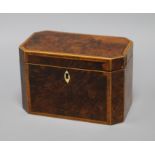 A George III tulipwood banded burr elm tea caddy length 19cm (a.f.)