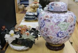 A Chinese cloisonné bowl with hardstone flowers and a large modern cloisonné ginger jar and cover