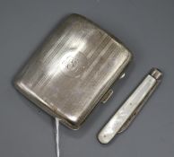 A George V silver cigarette case and a silver and mother of pearl fruit knife.