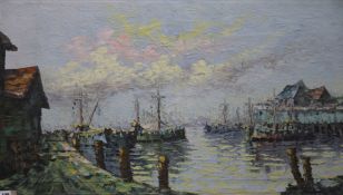 P. Vincent, oil on canvas, fishing boats in harbour, indistinctly signed, 61 x 104cm