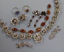 Two 9ct gold rings and other silver jewellery including necklaces, earrings and amber.