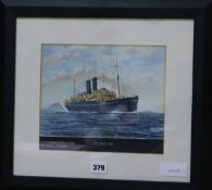 J.B.S., watercolour, The P&O liner Kaisar I Hind (II), initialled and inscribed, further information