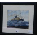 J.B.S., watercolour, The P&O liner Kaisar I Hind (II), initialled and inscribed, further information