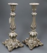 An ornate pair of Scandinavian? 830 standard white metal candlesticks, stamped 830S, 38cm, gross
