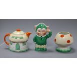 A Shelley Mabel Lucie Atwell three piece tea set tallest 15.5cm