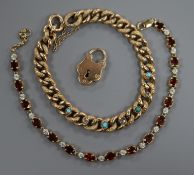 A Victorian yellow metal hollow curb-link bracelet and a 9ct gold bracelet with padlock clasp, the