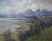 Erich Merker, oil on board, mountainous landscape, signed, 39 x 49cm