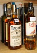Four assorted bottles of whisky includes Bells and Teachers, a bottle of Jerez dry Sherry and bottle