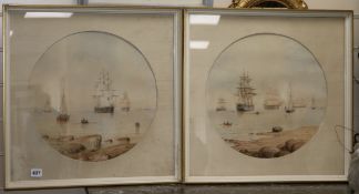 Frederick William Settle , 2 watercolours, Naval shipping battle, gallery labels verso
