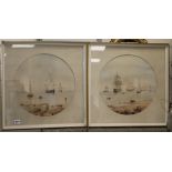 Frederick William Settle , 2 watercolours, Naval shipping battle, gallery labels verso