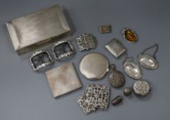 A mixed group of silver and other items including silver cigarette box, silver compact, silver vesta