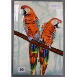 A ceramic plaque decorated with two parrots on a branch 30 x 20cm