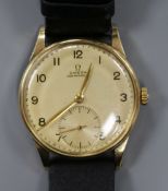 A gentleman's 1940's 14ct gold Omega manual wind wrist watch.