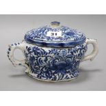 An 18th century delft two handled bowl and cover height 12cm (a.f.)