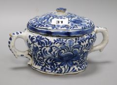 An 18th century delft two handled bowl and cover height 12cm (a.f.)