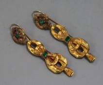 A pair of gold 19th century gem set drop earrings