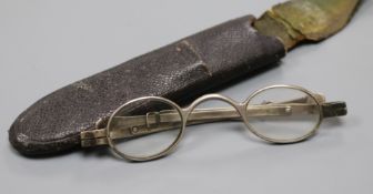 A cased pair of George III silver spectacles, maker, JH, London, 1814.