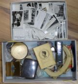 A collection of rulers, playing cards, silver vinaigrette case etc.