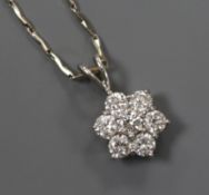 A diamond cluster pendant, 18ct white gold setting on 18ct white gold suspension chain.