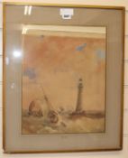 Samuel Owen (1768-1857)watercolourFishing boats beside a lighthouse41 x 32cm