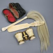 An ivory handled fly swat, shoe horn and opera glasses