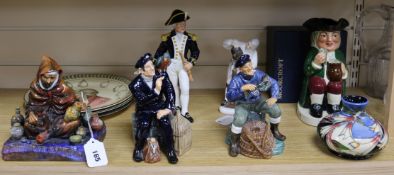 Six Royal Doulton porcelain figures, a Doulton Toby jug and three Seriesware plates