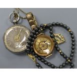 A 14k diamond set Jaguar pendant, an 18k converted fob watch a Victorian silver open faced key