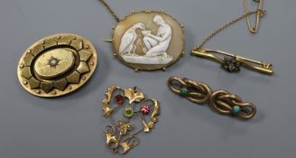 Two gem set bar brooches including a 15ct gold and rose cut diamond, a 9ct pendant, a cameo brooch