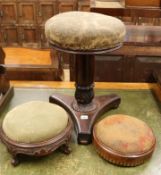 A Victorian rosewood adjustable piano stool and two Victorian foot stools revolving W.39cm