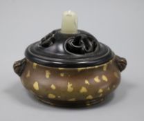 A 17th/18th century Chinese gold splashed bronze censer, Xuande mark, 19th century wood cover,