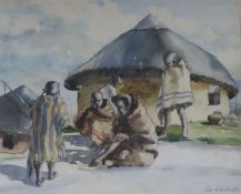 Pat Skilleter, pencil and watercolour, Africans beside hut, signed 30 x 35cm