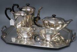 A Mappin and Webb silver plated six piece tea and coffee set plus tray