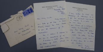 Don Bradman, signed hand written letter, dated 9th August 1948, posted between his final test