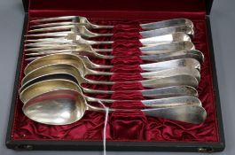 A Buchler cased set of white metal (800) tablespoons and forks (one spoon deficient)