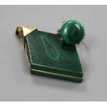 An Austrian 585 yellow metal and malachite ring and a yellow metal and malachite pendant.