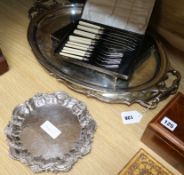 Two oval silver plated tea trays, a plated waiter, set of silver handled flatware