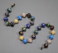 An early 20th century Venetian? cane glass bead necklace, with yellow metal spacers and clasp