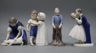 Four Bing & Grondahl figures, comprising 'Love Refused', No. 1614, 'Youthful Boldness', No. 2162,