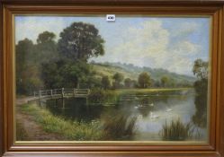 English School (late 19th/early 20th century), oil on canvas, River landscapeoil on canvasPastoral