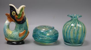 Two Mdina glass vases and a Dartmouth jug