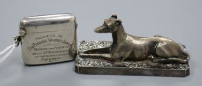 A George V silver vesta case with Papworth related inscription and an Elkington plated model of a