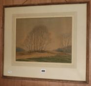 Martin Hardie, watercolour, On the North Downs, signed with Fine Art Society label verso28 x 38cm