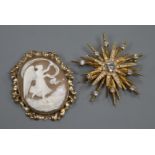 A yellow metal mounted oval cameo brooch and an Avon brooch.