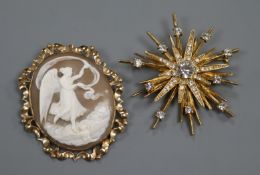 A yellow metal mounted oval cameo brooch and an Avon brooch.